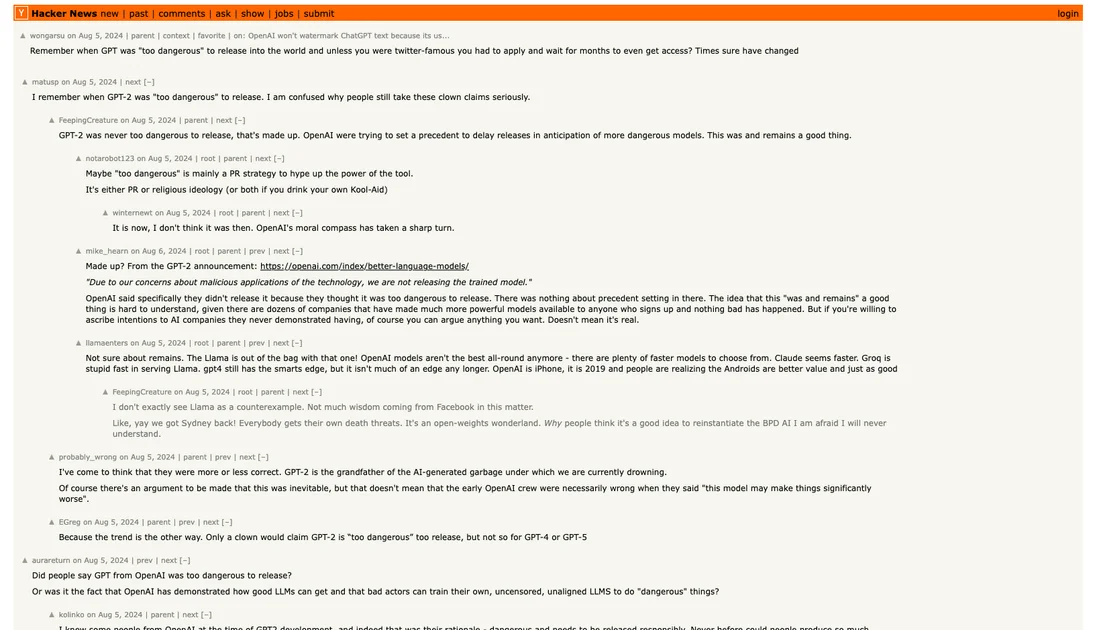 Hacker News thread screenshot calling out past AI "too dangerous" claims
